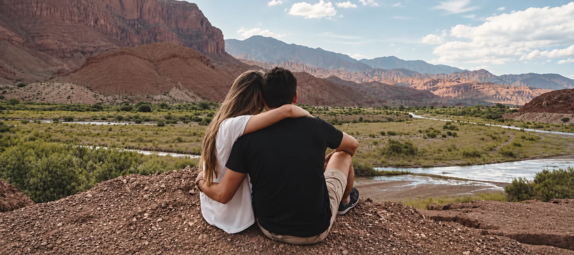 Young couple embracing while overlooking a canyon river